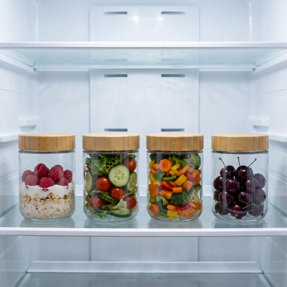 The four jars lined up on a single fridge shelf