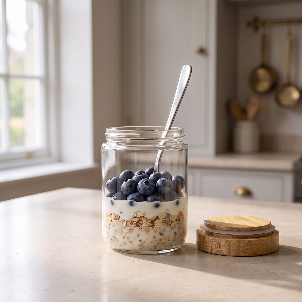 An open jar with a spoon reaching to the bottom through the wide mouth