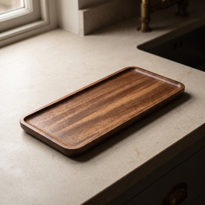 Long narrow wooden serving tray on a limestone worktop