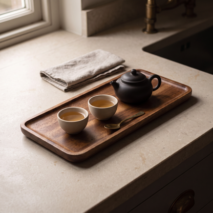 The tray carrying a small teapot and two cups