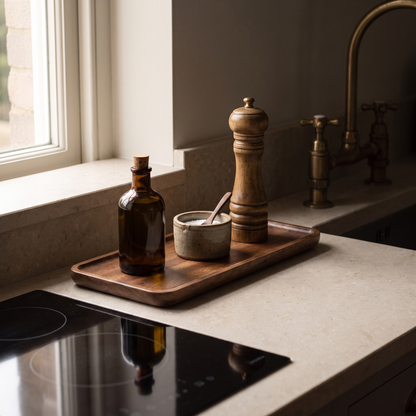 The tray holding oil, salt and a pepper mill beside the hob