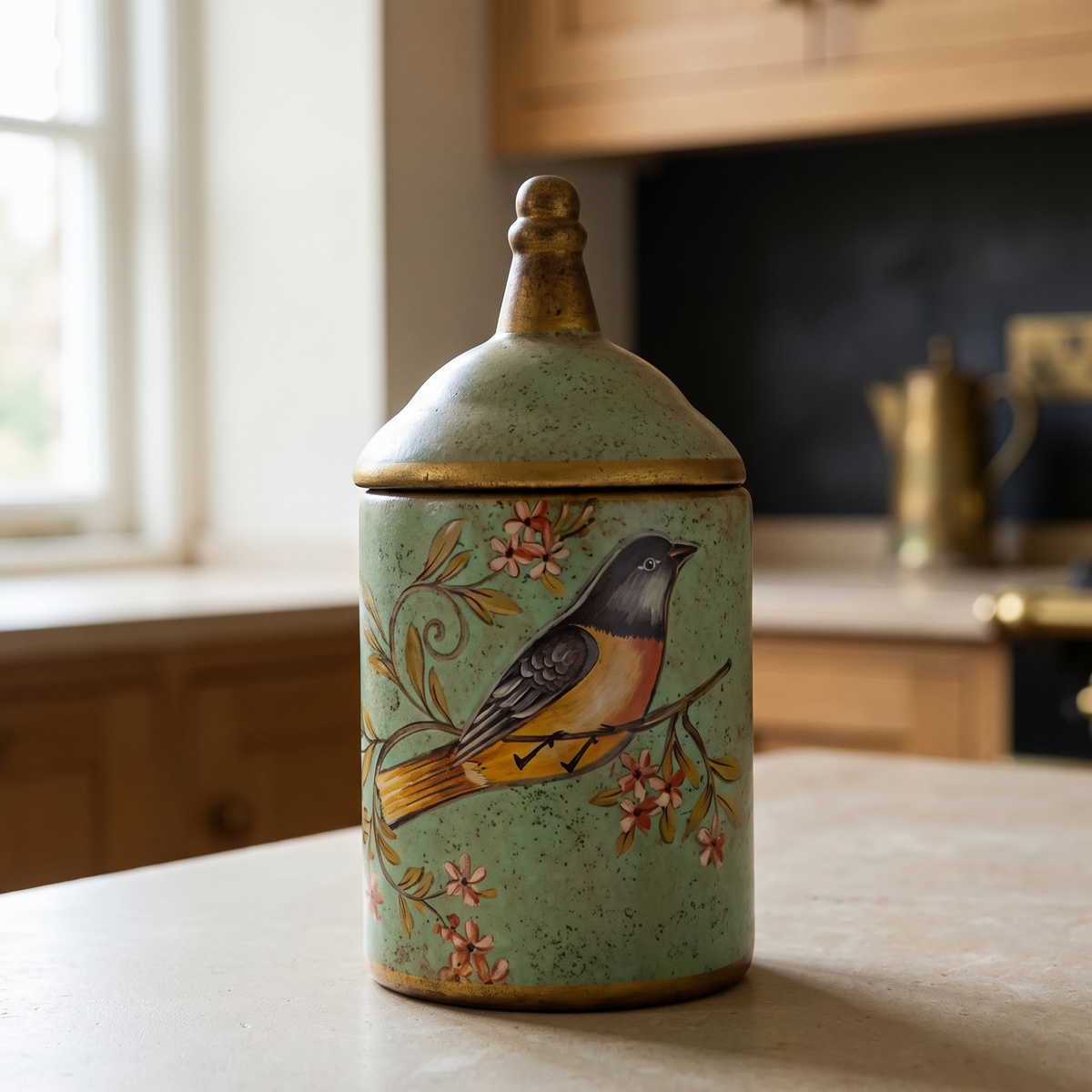 Hand painted ceramic canister with a domed lid and gilded finial