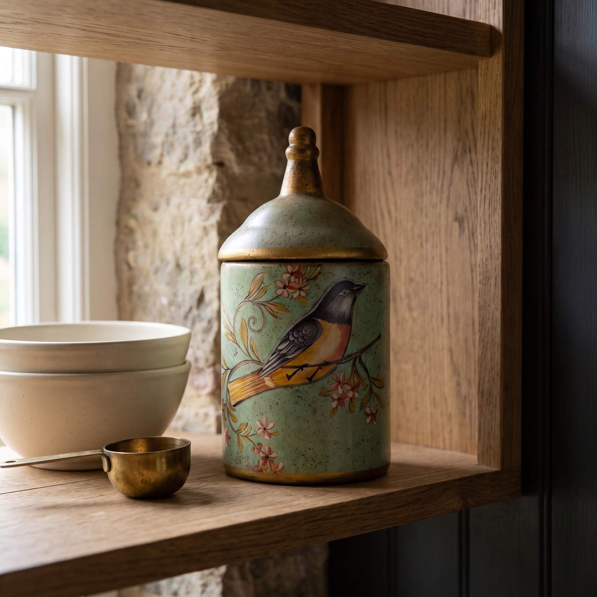 The canister on an open oak shelf beside plain stoneware