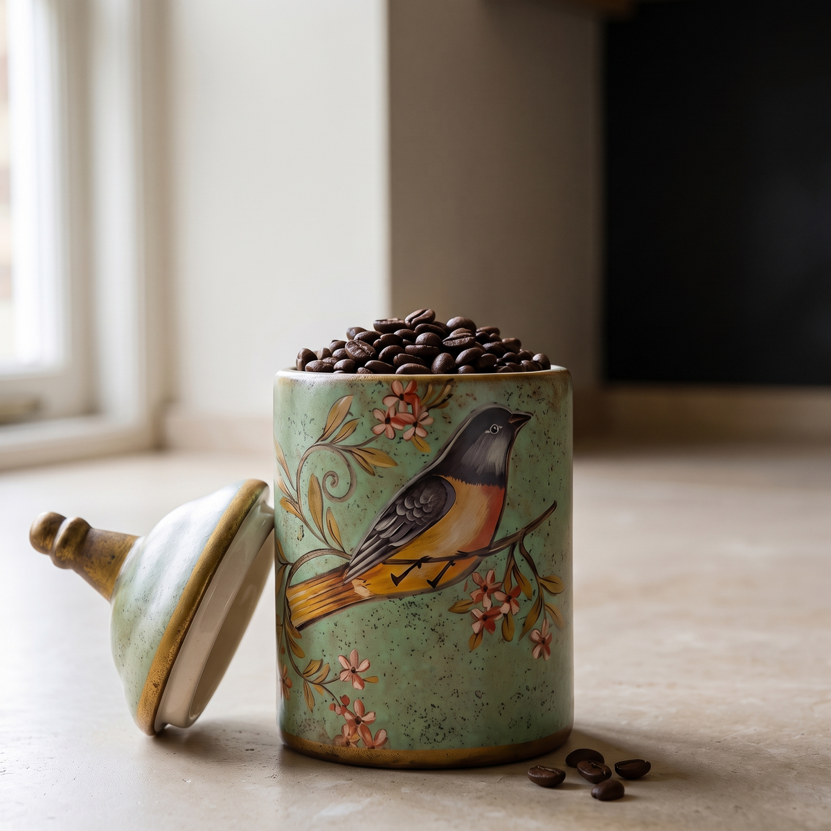 The canister open and filled with coffee beans, lid set beside it