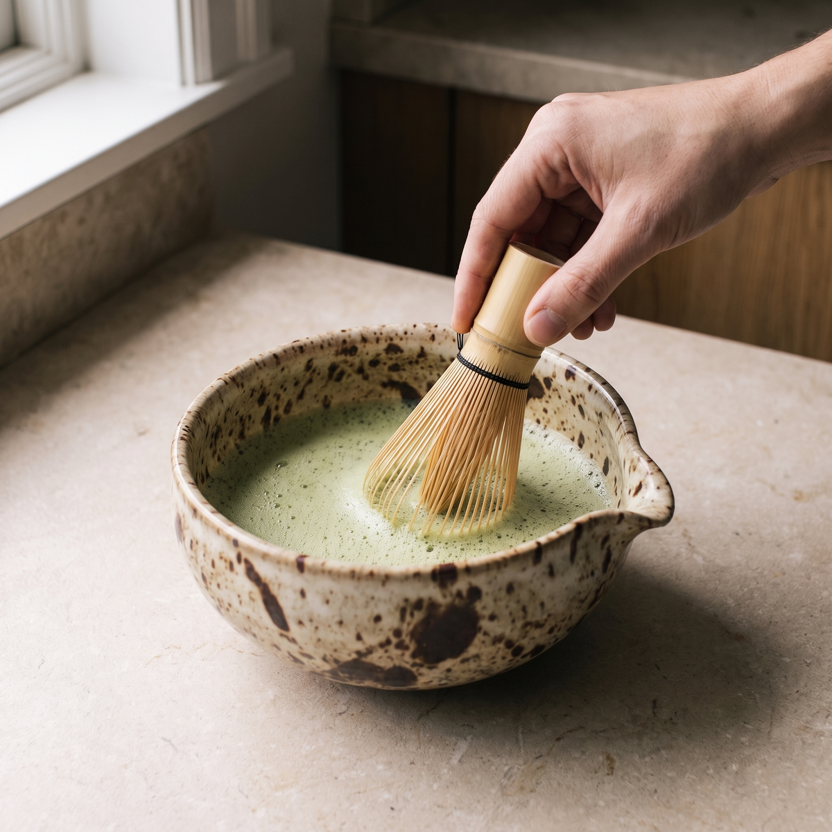 Whisking matcha to a pale jade froth in the speckled bowl