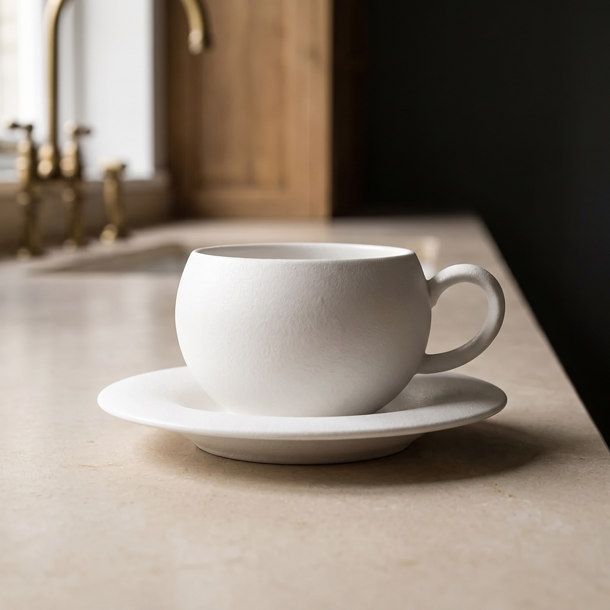 Matte white cup and saucer on a limestone worktop