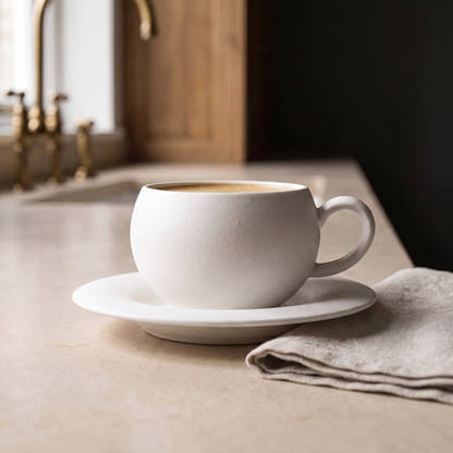The cup holding a flat white beside a folded linen cloth